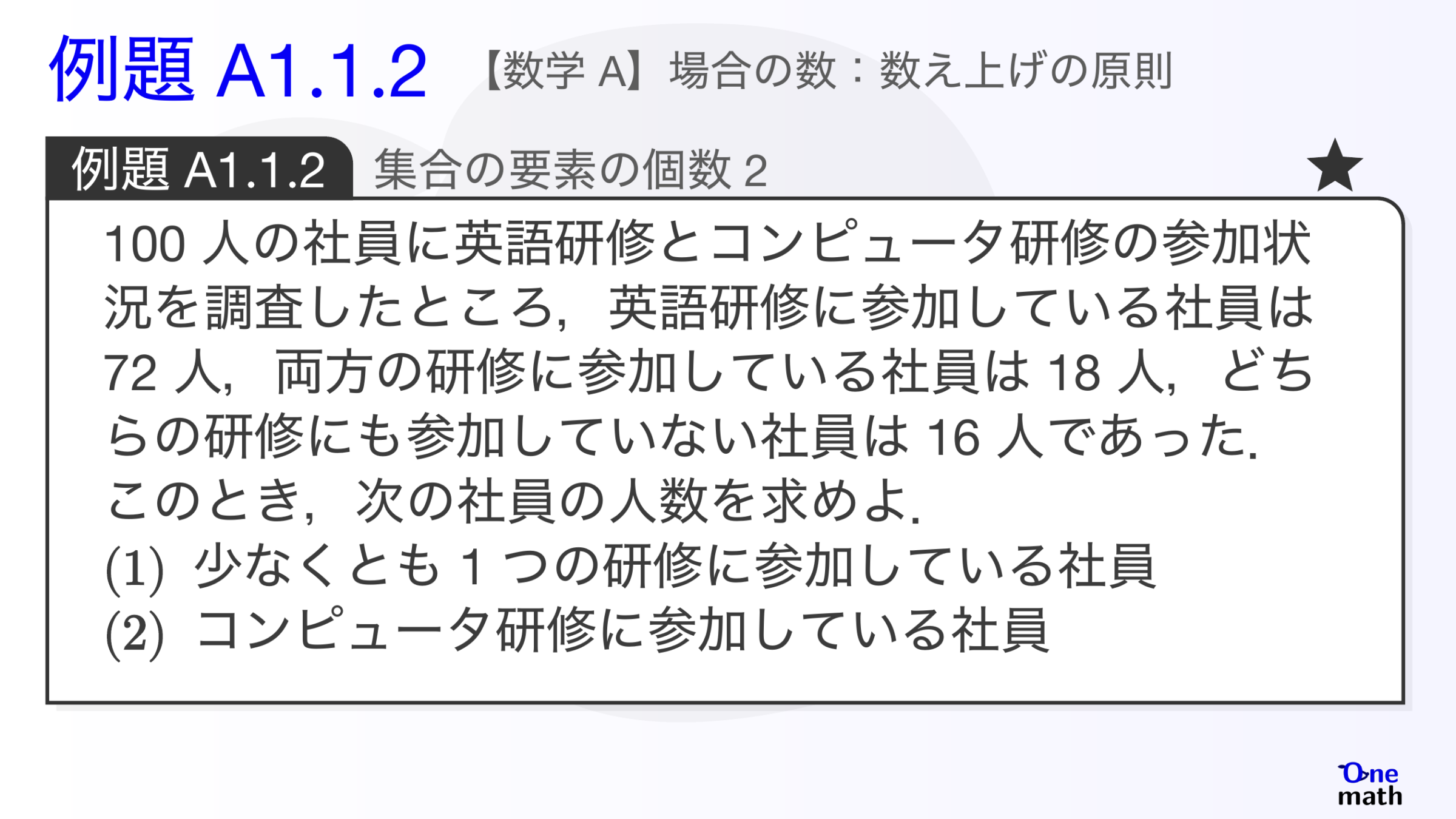 【数学A】例題1.1.2：集合の要素の個数2（One More）