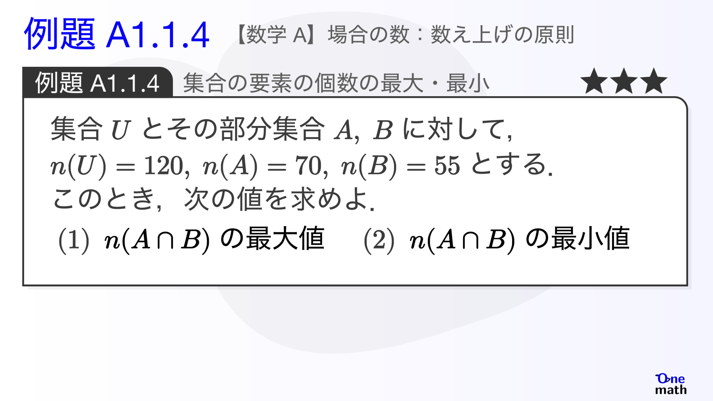 【数学A】例題1.1.4：集合の要素の個数の最大・最小（One More）