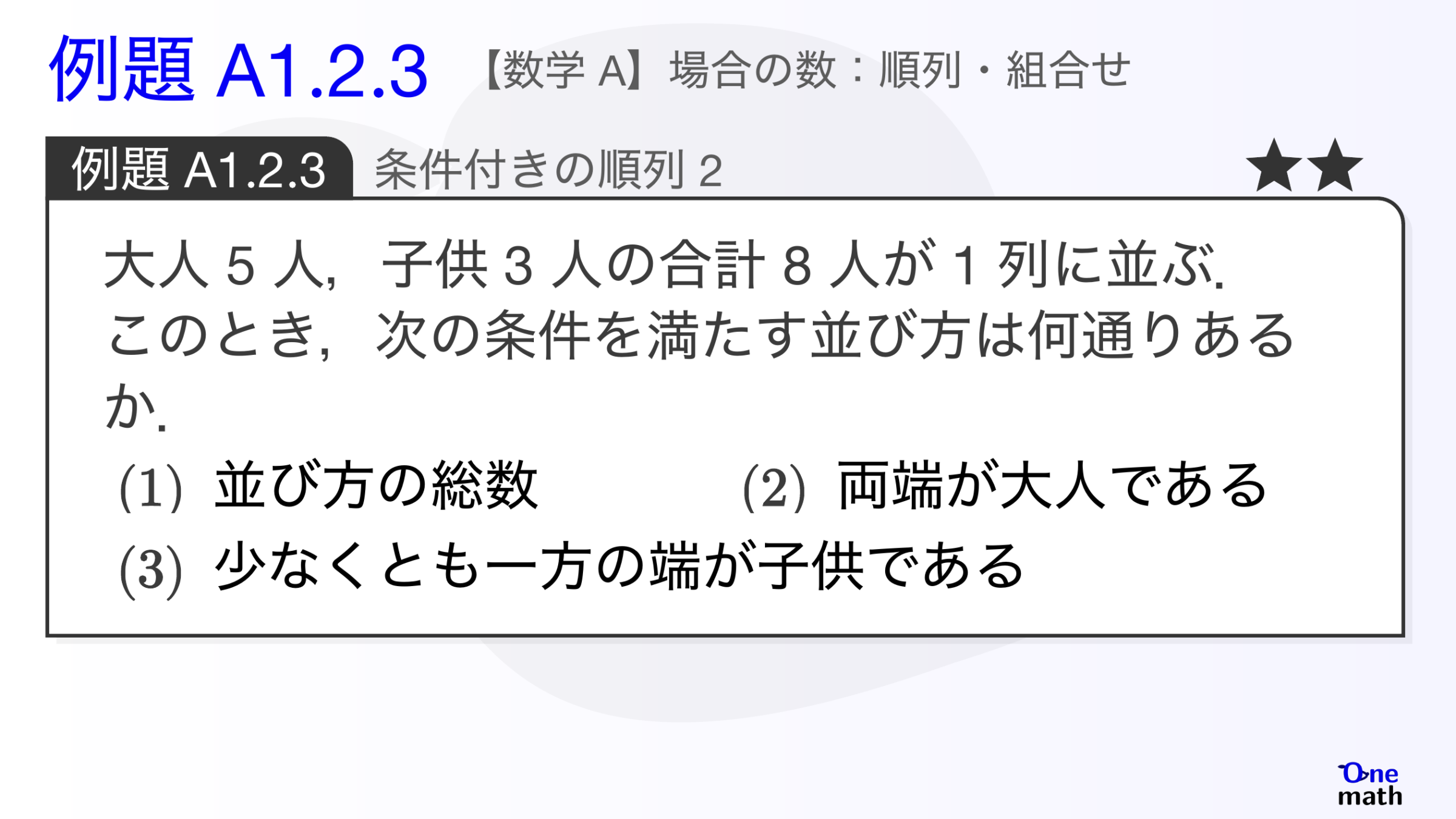 【数学A】例題1.2.3：条件付きの順列2（One More）