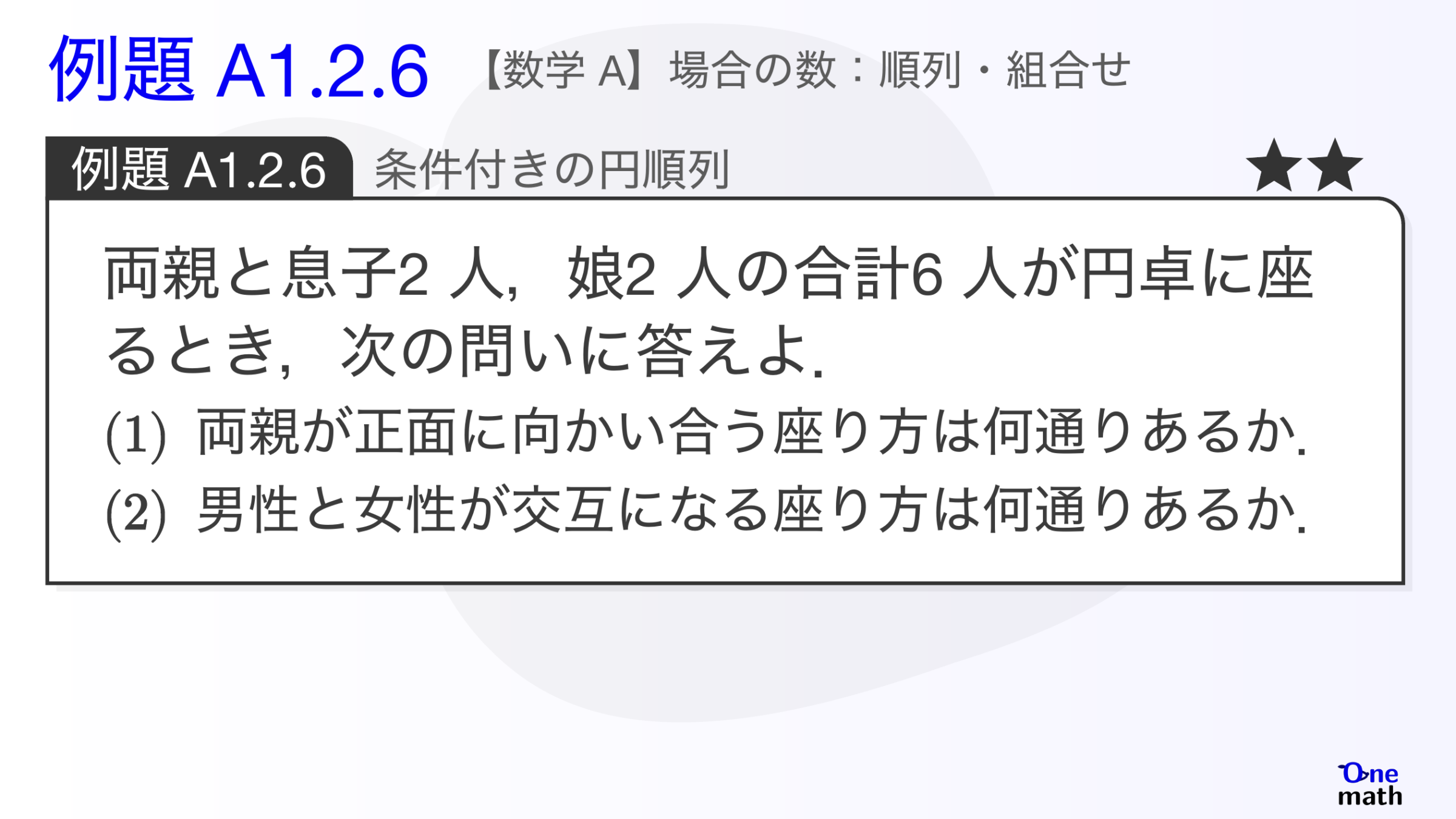 【数学A】例題1.2.6：条件付きの円順列（One More）