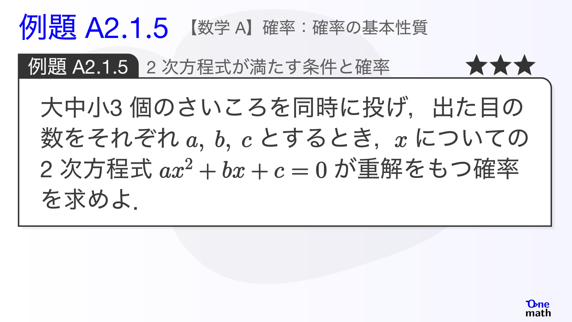 【数学A】例題2.1.5：2次方程式が満たす条件と確率（One More）