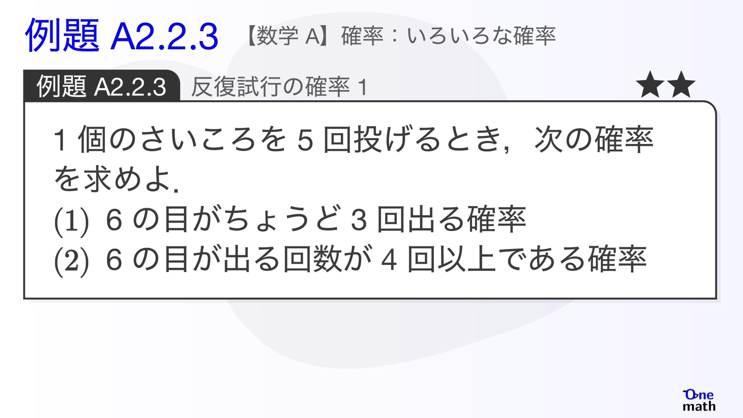 【数学A】例題2.2.3：反復試行の確率1（One More）