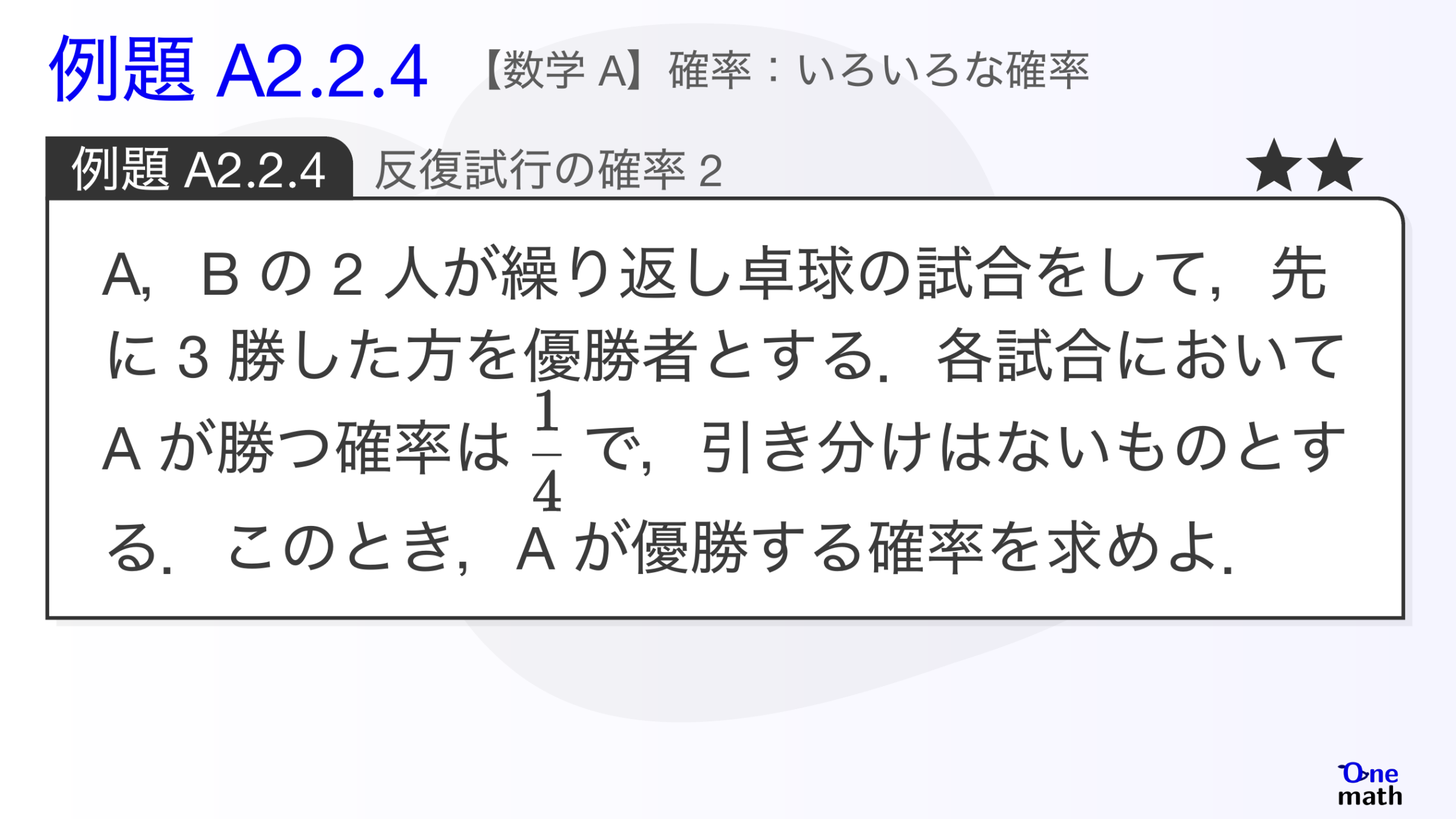 【数学A】例題2.2.4：反復試行の確率2（One More）