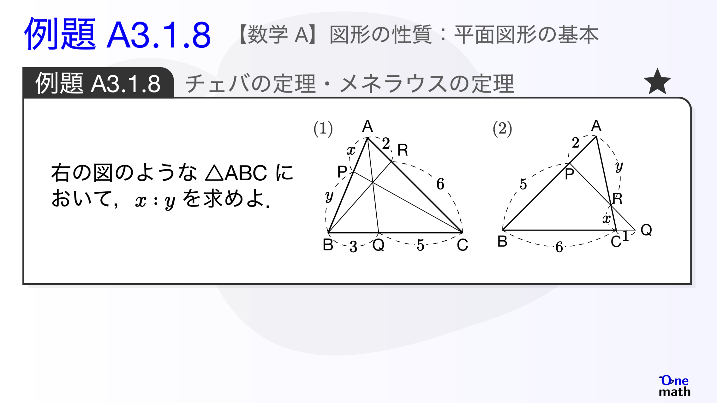 【数学A】例題3.1.8：チェバの定理・メネラウスの定理（One More）