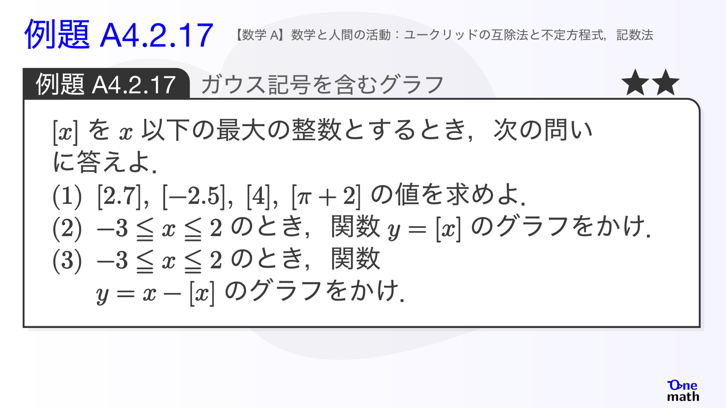 【数学A】例題4.2.17：ガウス記号を含むグラフ（One More）