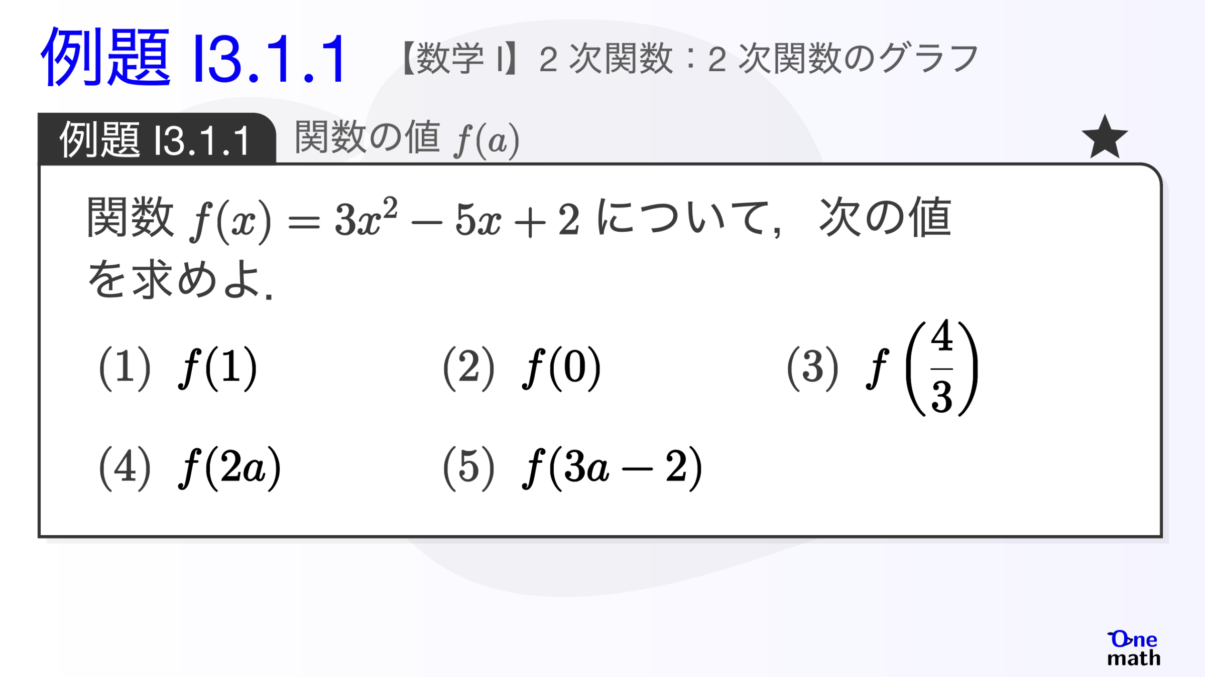 【数学I】例題3.1.1：関数の値f(a)（One More）