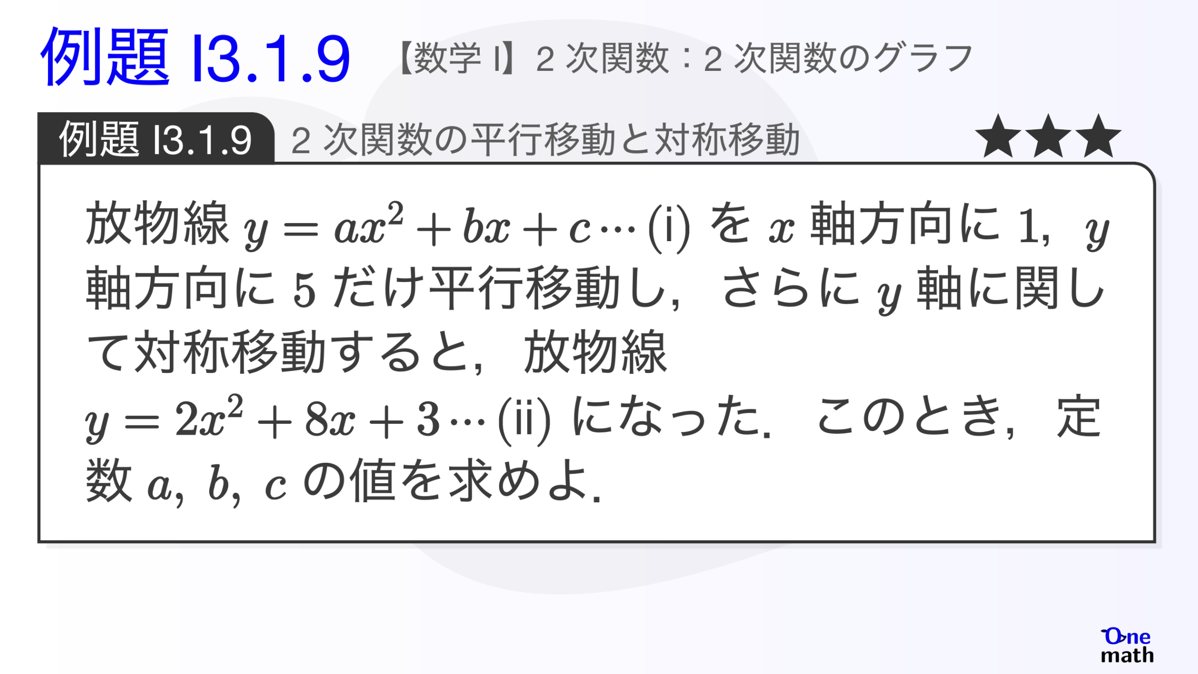 【数学I】例題3.1.9：2次関数の平行移動と対称移動（One More）