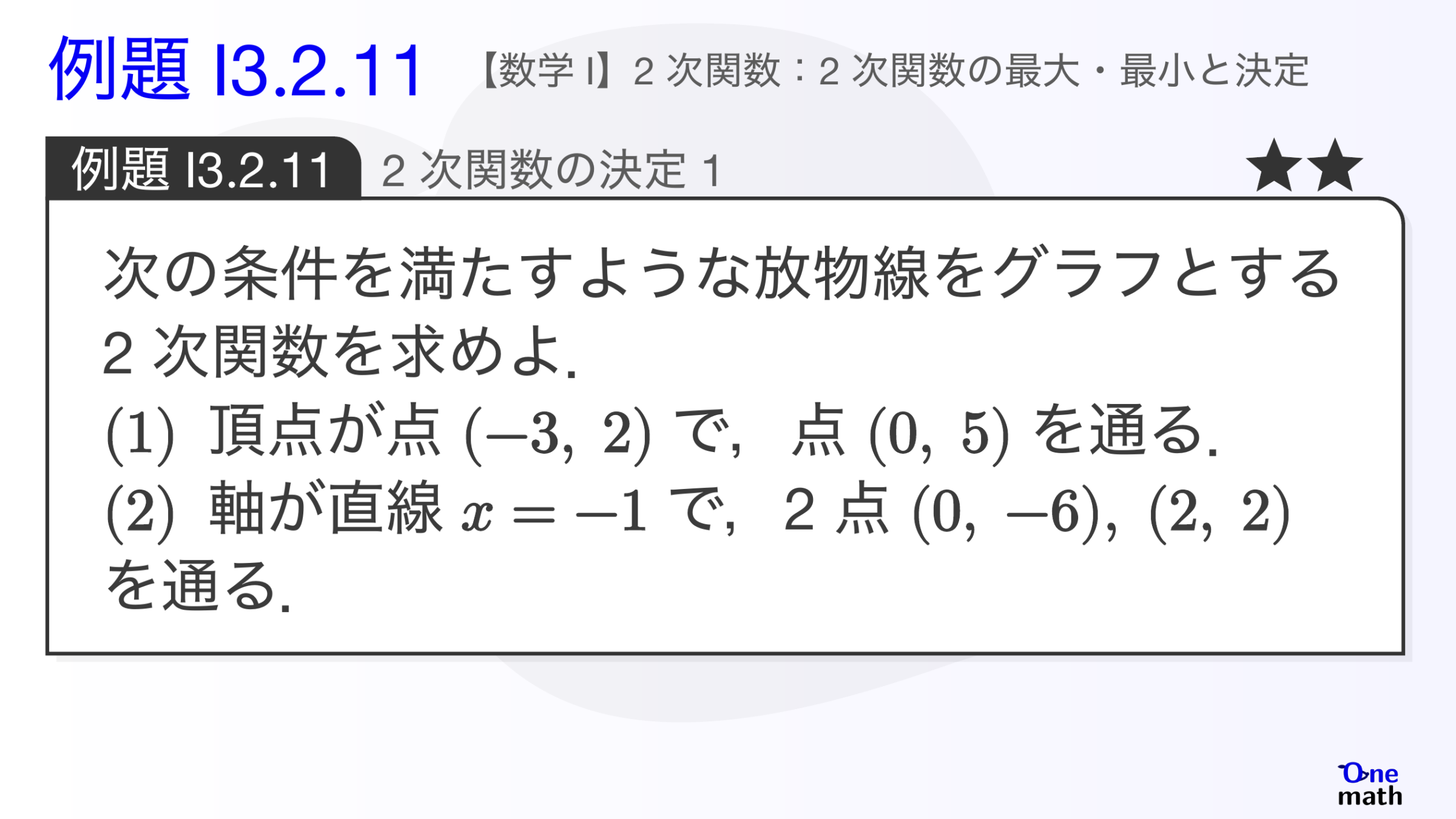 【数学I】例題3.2.11：2次関数の決定1（One More）