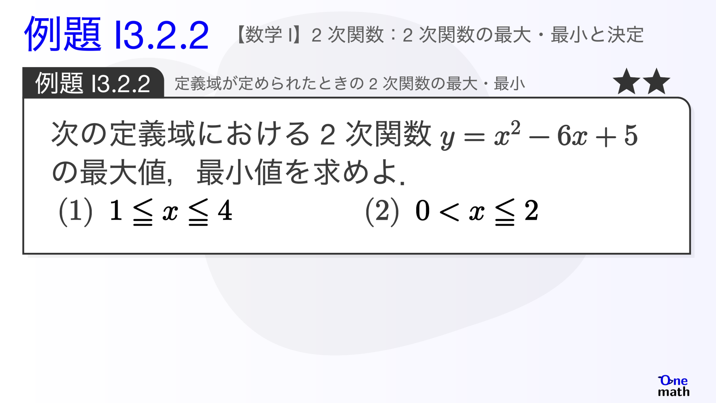 【数学I】例題3.2.2：定義域が定められたときの2次関数の最大・最小（One More）
