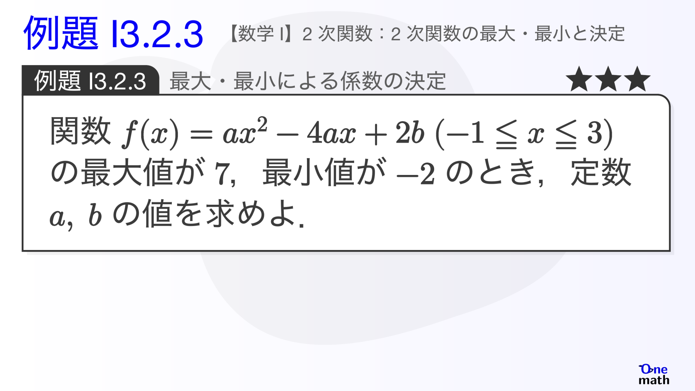 【数学I】例題3.2.3：最大・最小による係数の決定（One More）