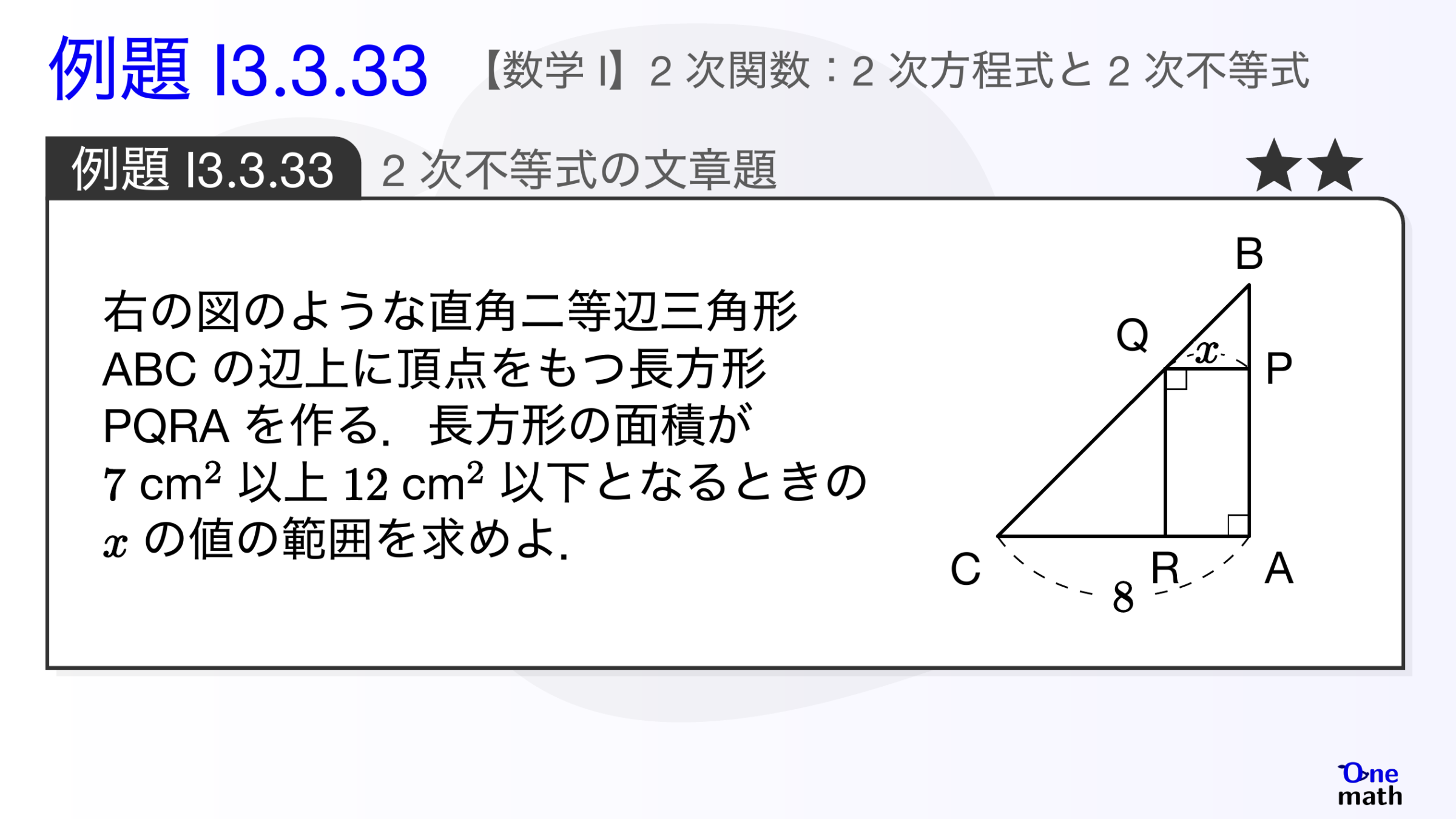 【数学I】例題3.3.33：2次不等式の文章題（One More）