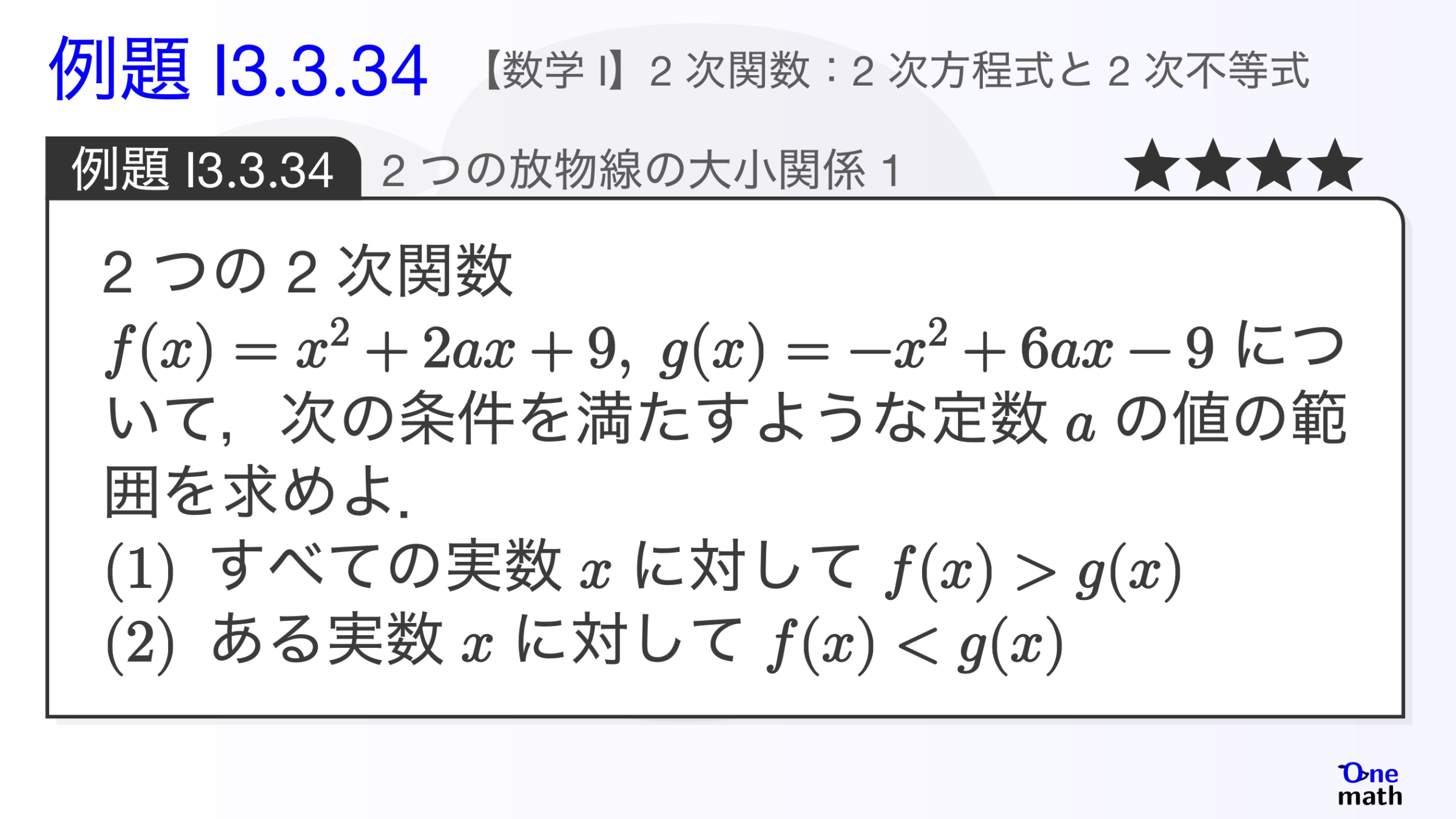 【数学I】例題3.3.34：2つの放物線の大小関係1（One More）