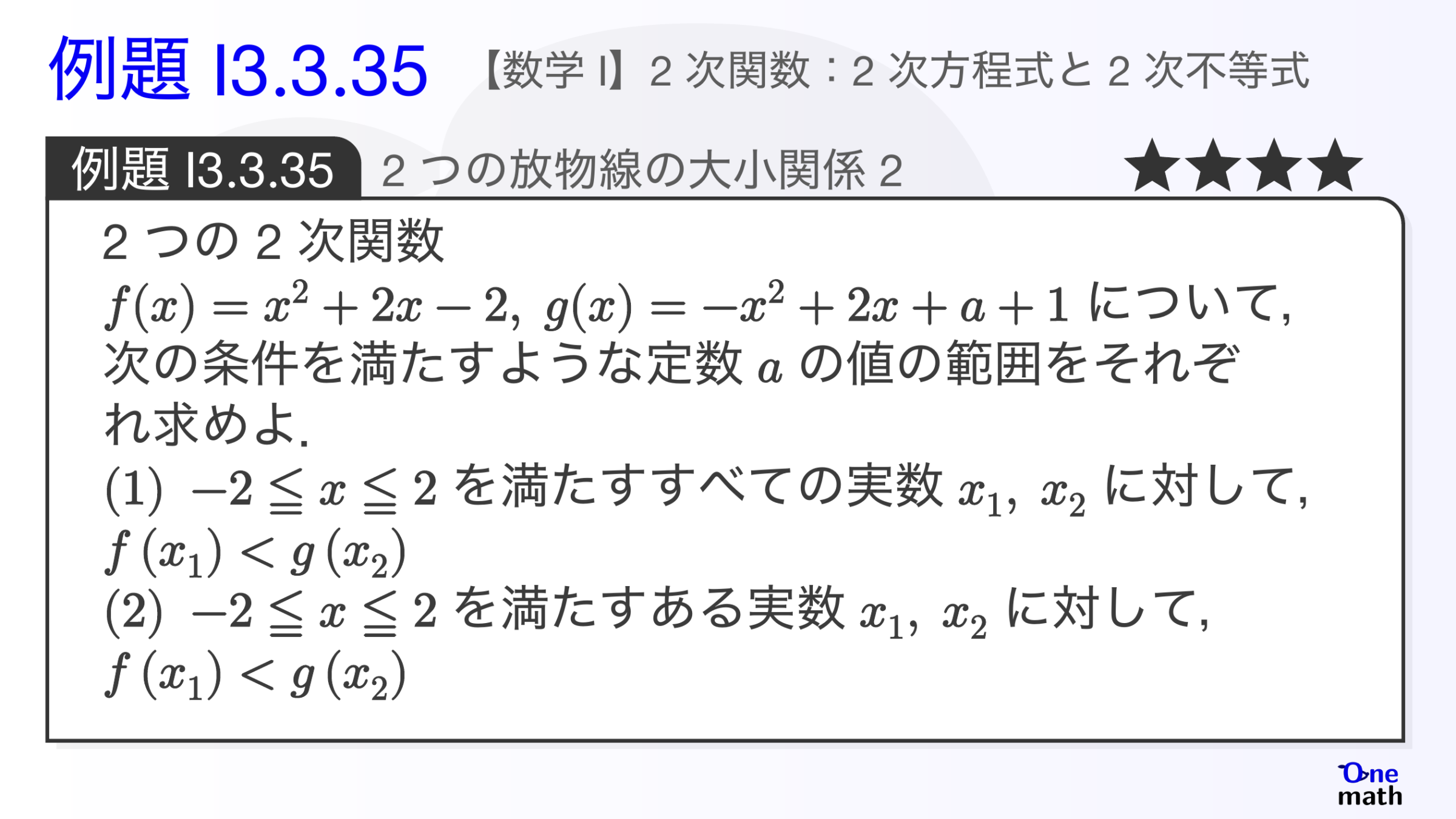【数学I】例題3.3.35：2つの放物線の大小関係2（One More）