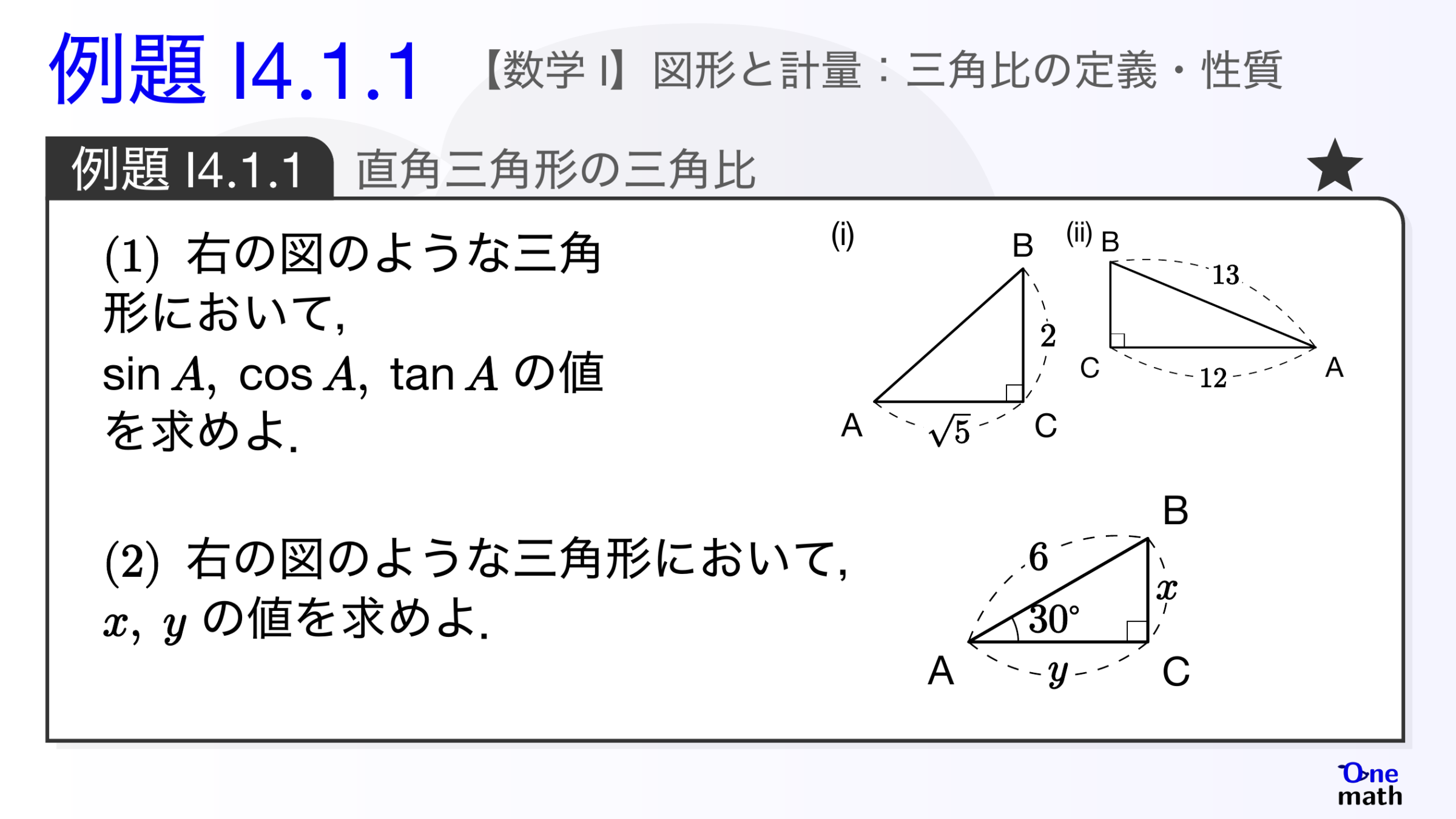 【数学I】例題4.1.1：直角三角形の三角比（One More）