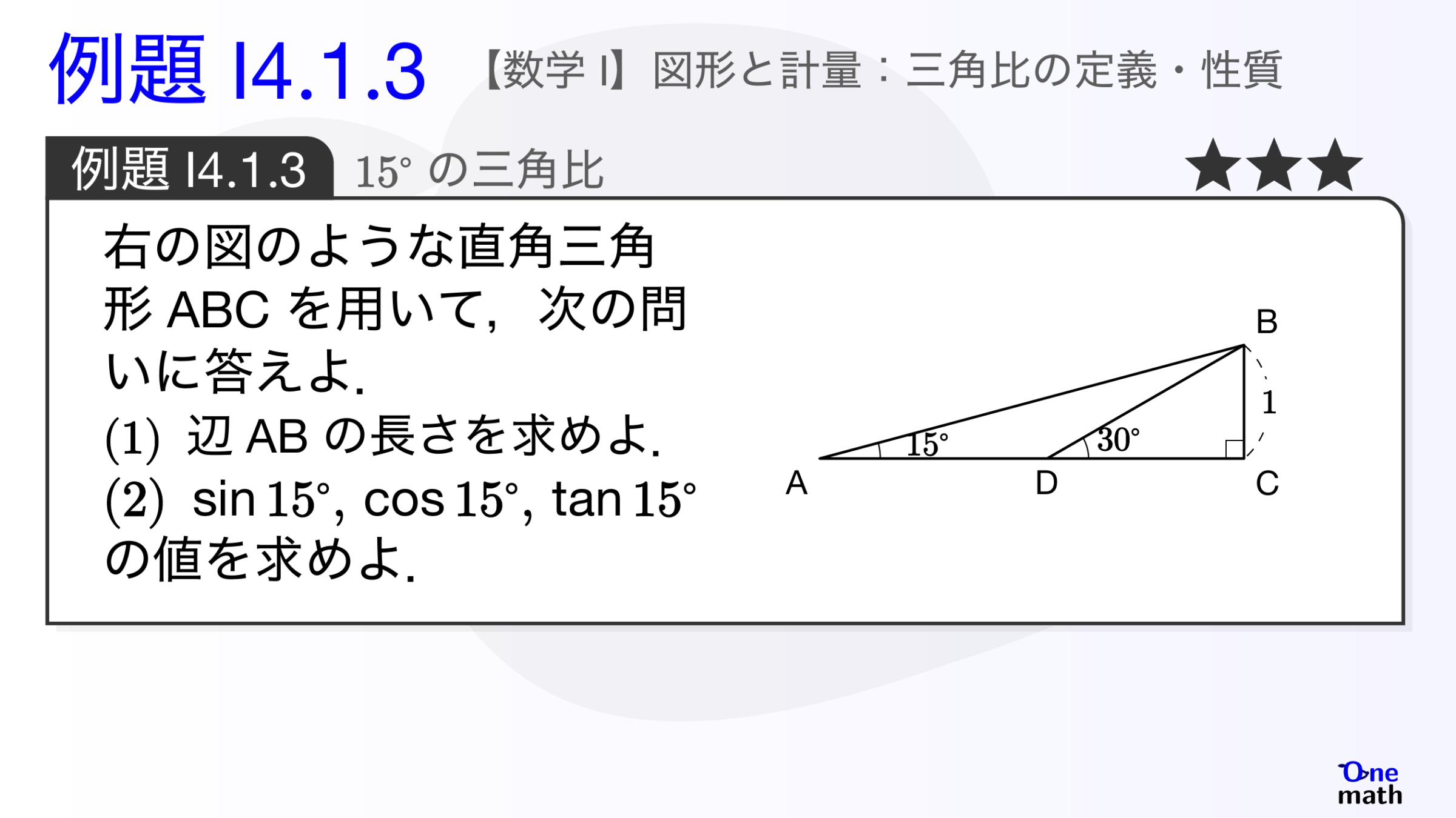 【数学I】例題4.1.3：15度の三角比（One More）