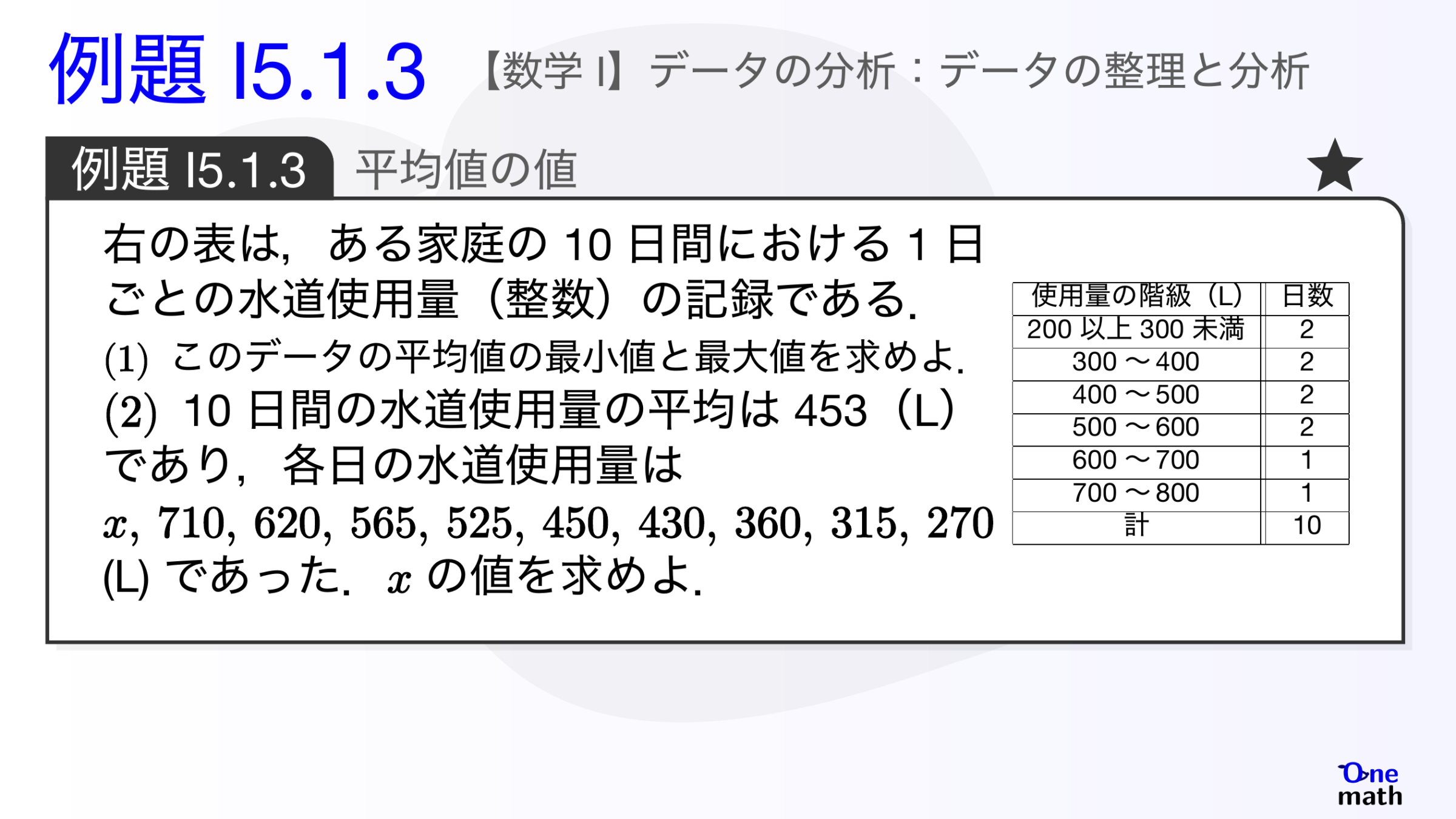 【数学I】例題5.1.3：平均値の値（One More）