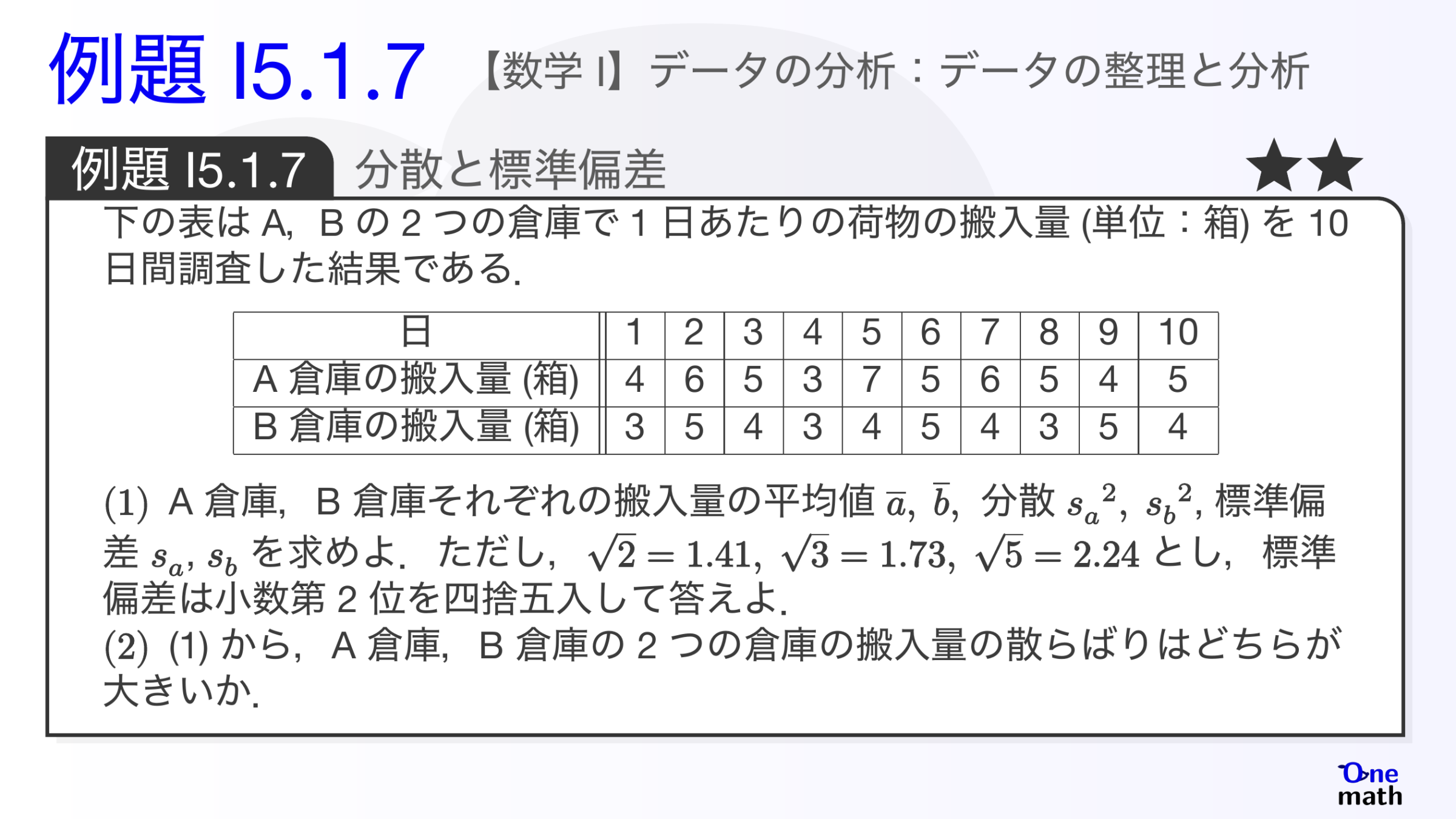 【数学I】例題5.1.7：分散と標準偏差（One More）