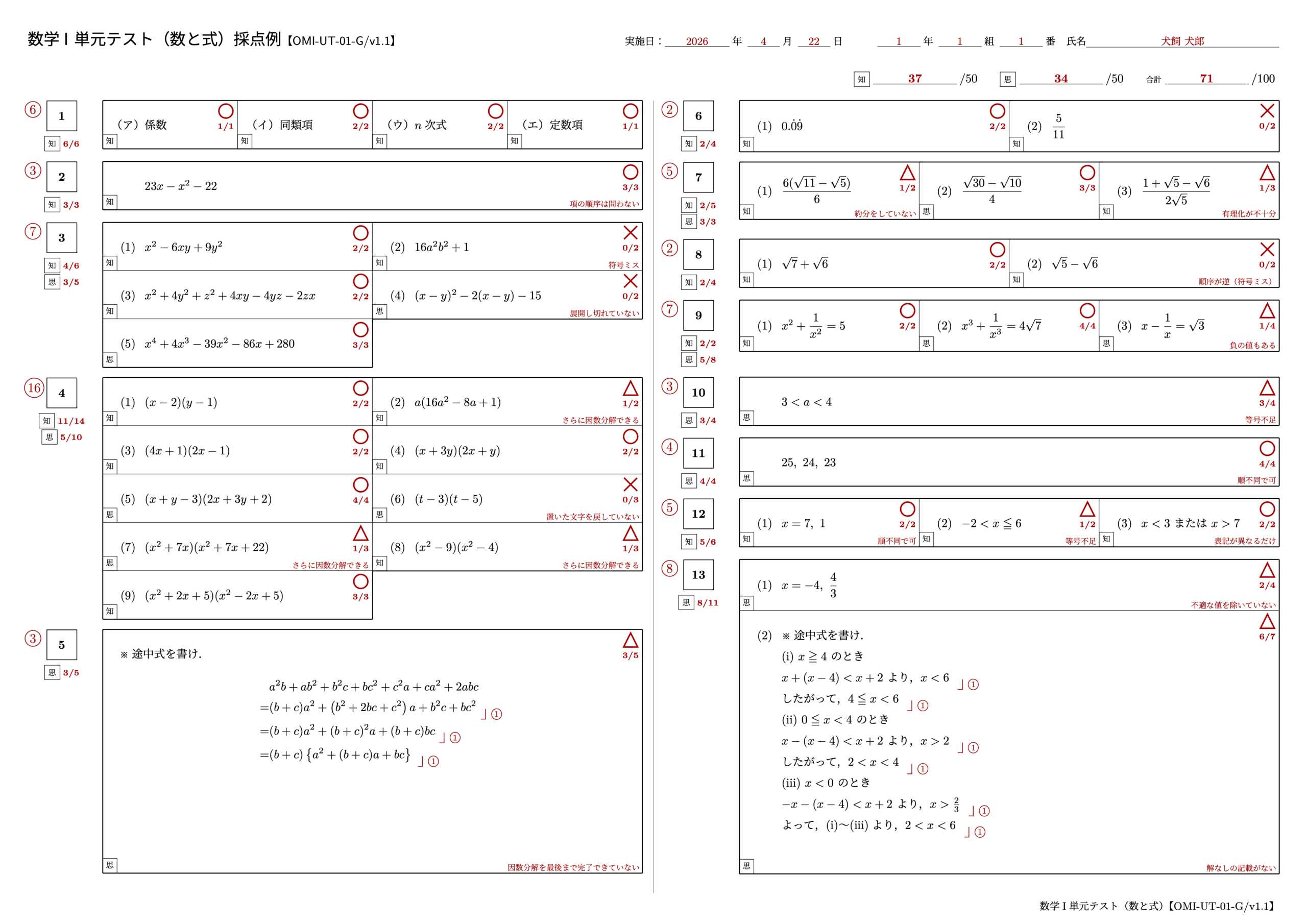 数学I 単元テスト(数と式)【OMI-UT-01-G/v1.1】