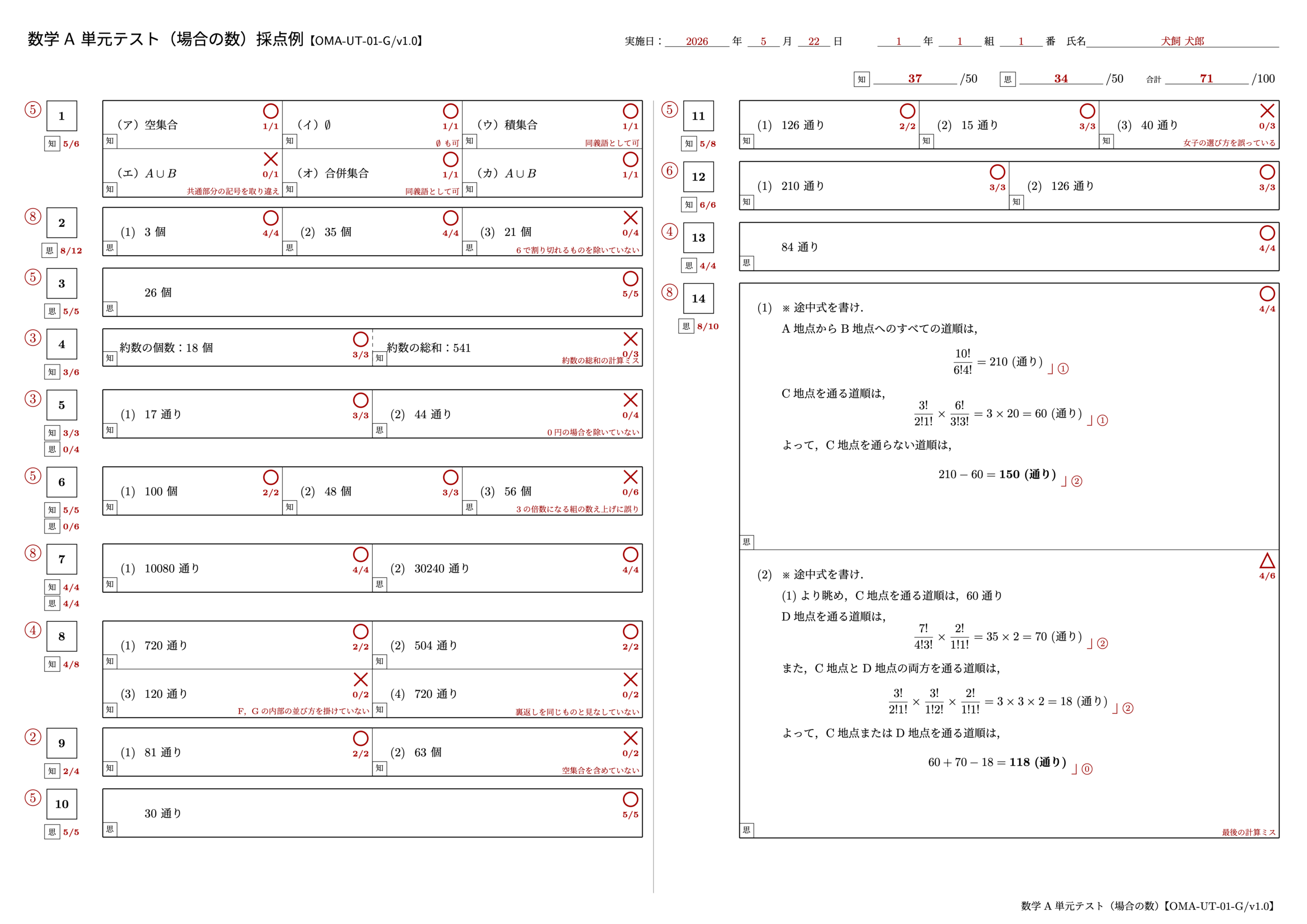 数学A 単元テスト(場合の数)【OMA-UT-01-G/v1.0】