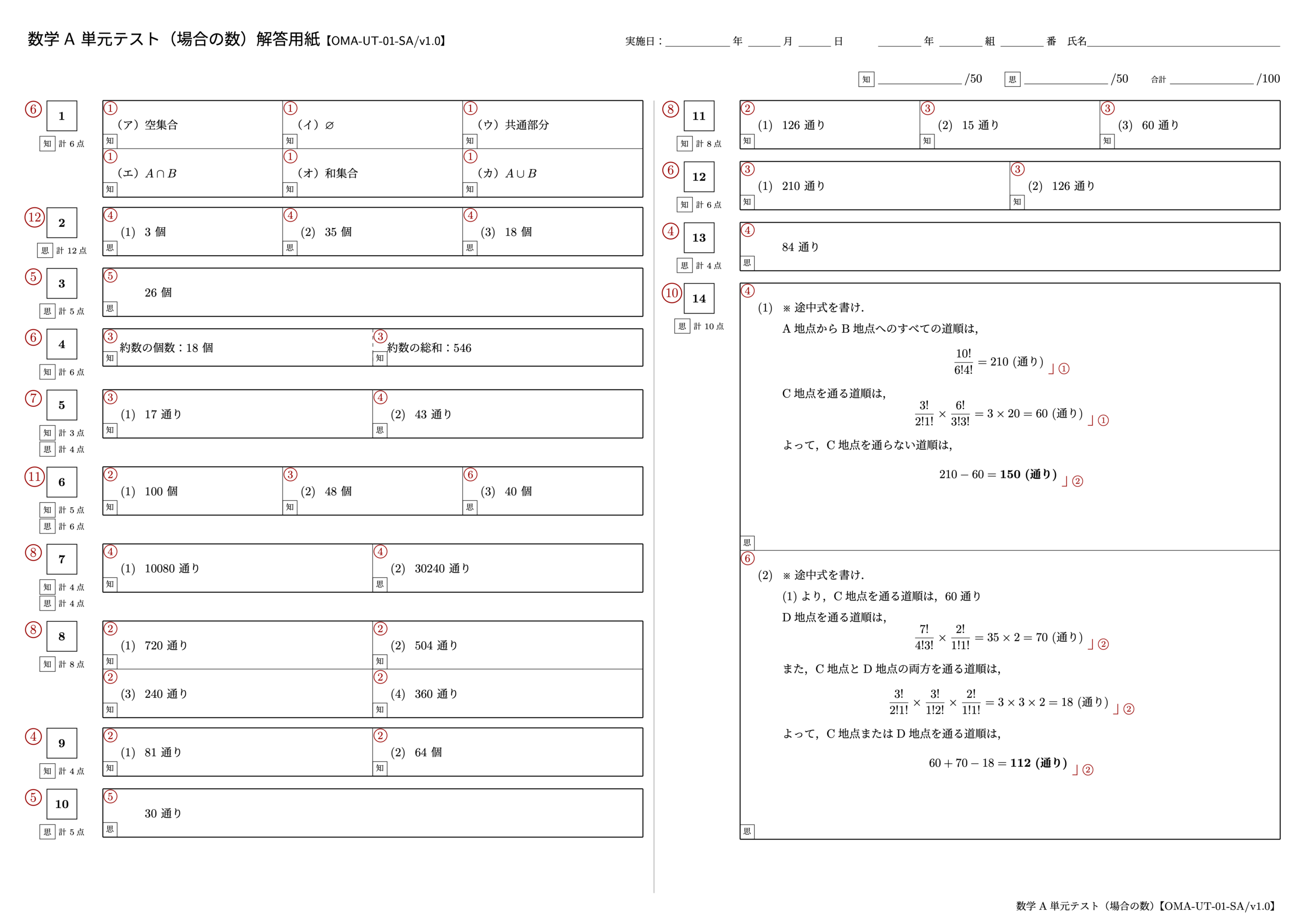 数学A 単元テスト(場合の数)1ページ目【OMA-UT-01-SA/v1.0】