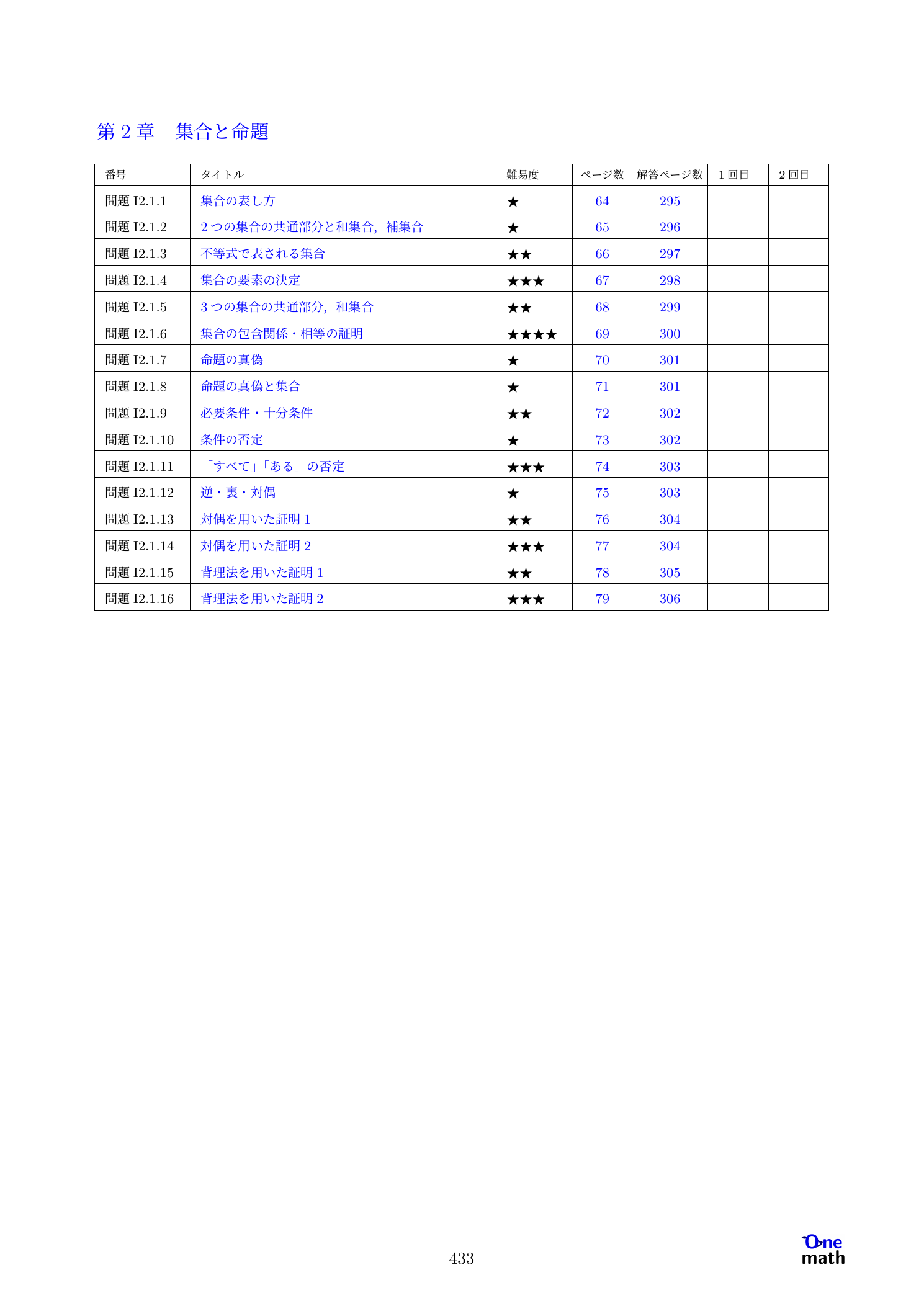 数学I 第2章「集合と命題」の問題ページと解答ページを確認できる問題一覧