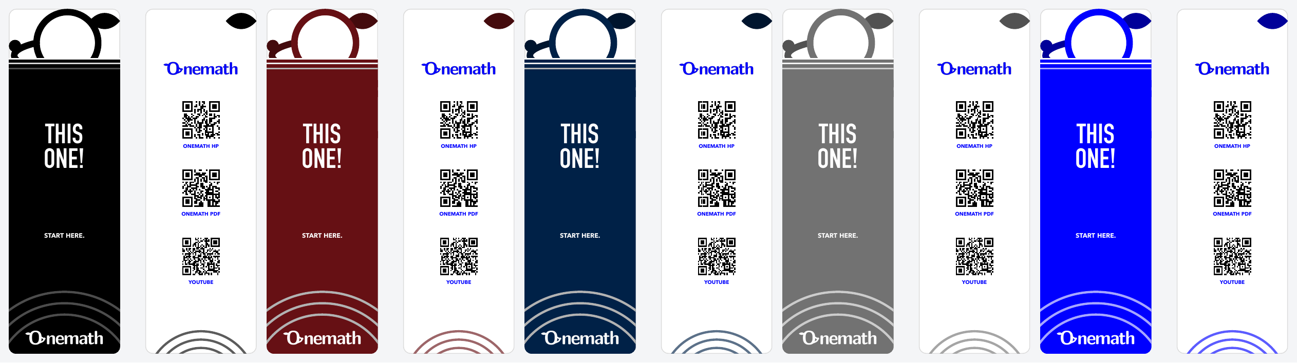 Onemathしおりの5色の表面と裏面
