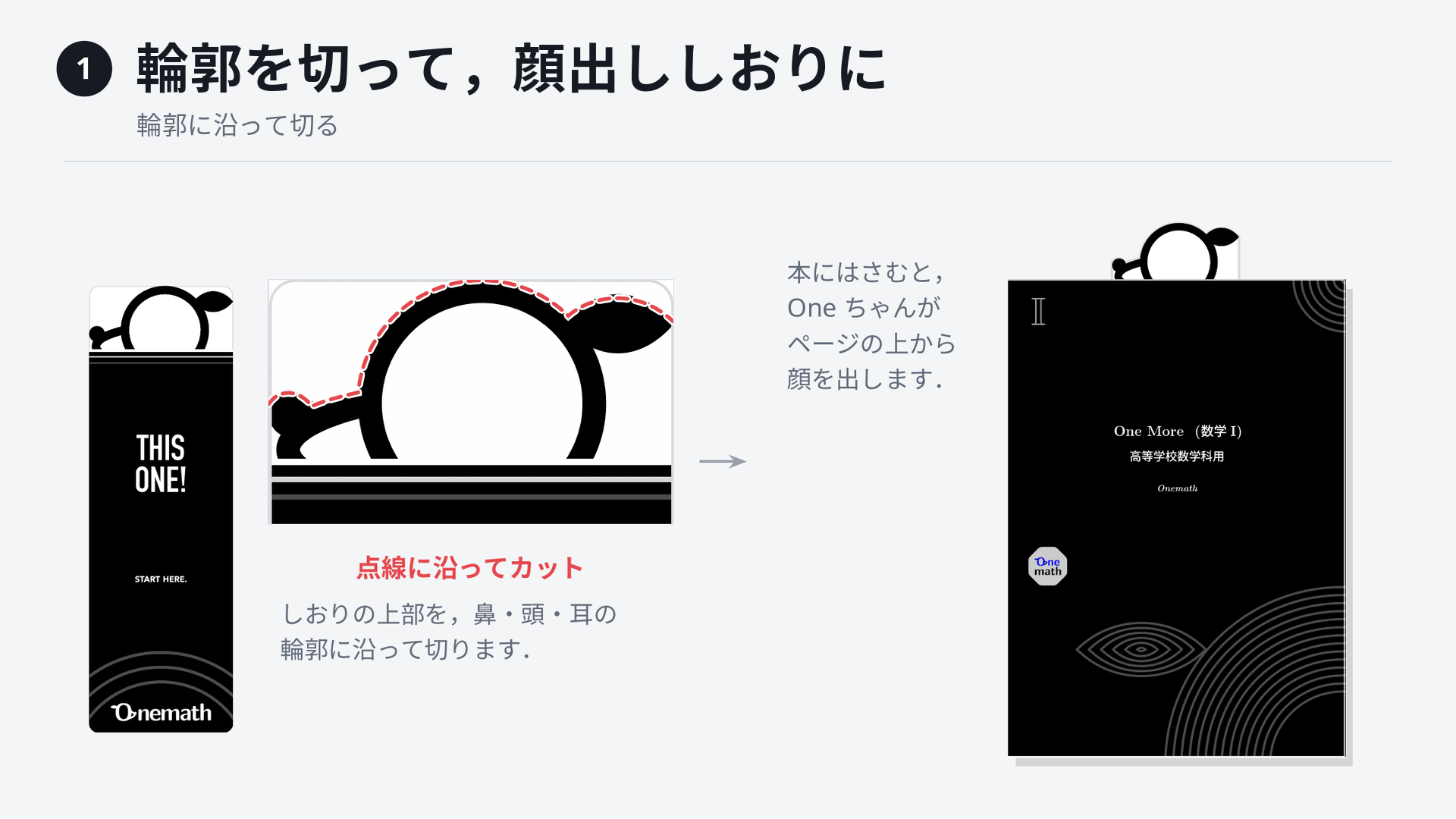 Onemathしおりの上部をOneちゃんの輪郭に沿って切る使用例