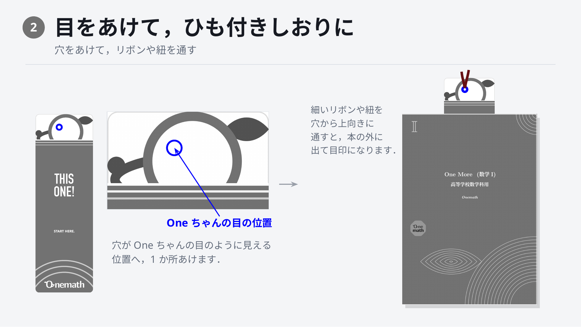 OnemathしおりのOneちゃんの目の位置に穴をあけてリボンや紐を通す使用例