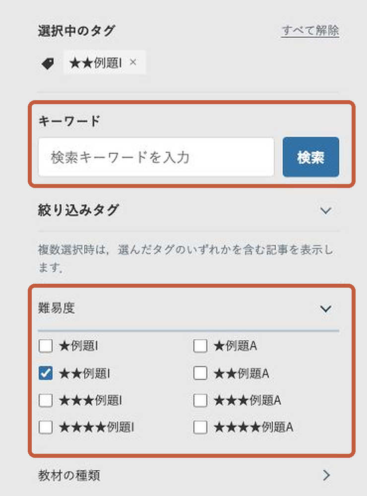 検索結果ページで検索欄を空欄にし，難易度から★★例題Iを選択した画面